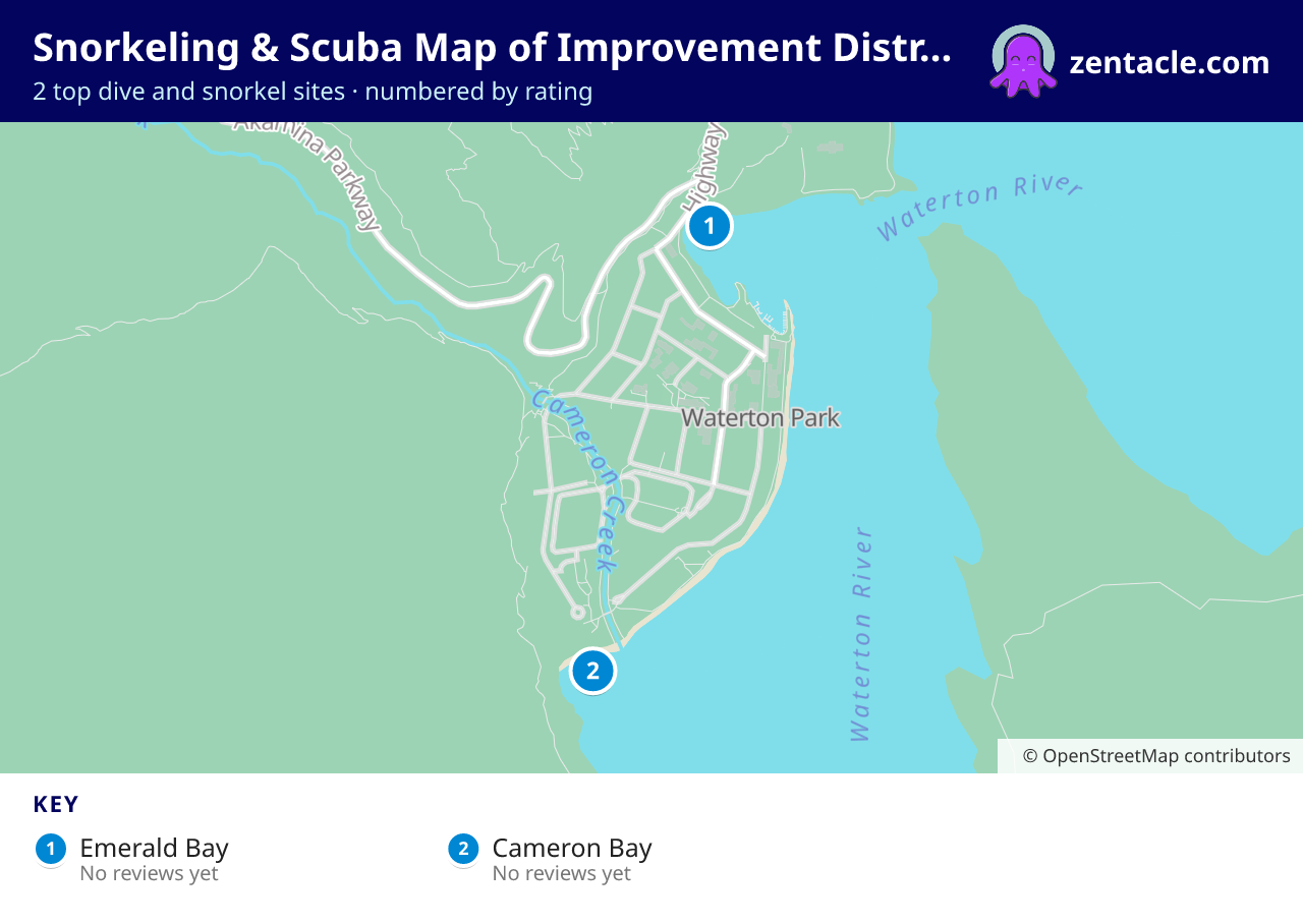 Snorkeling & Scuba Map of Improvement District No. 4: numbered map of the top 2 dive and snorkel sites, with ratings