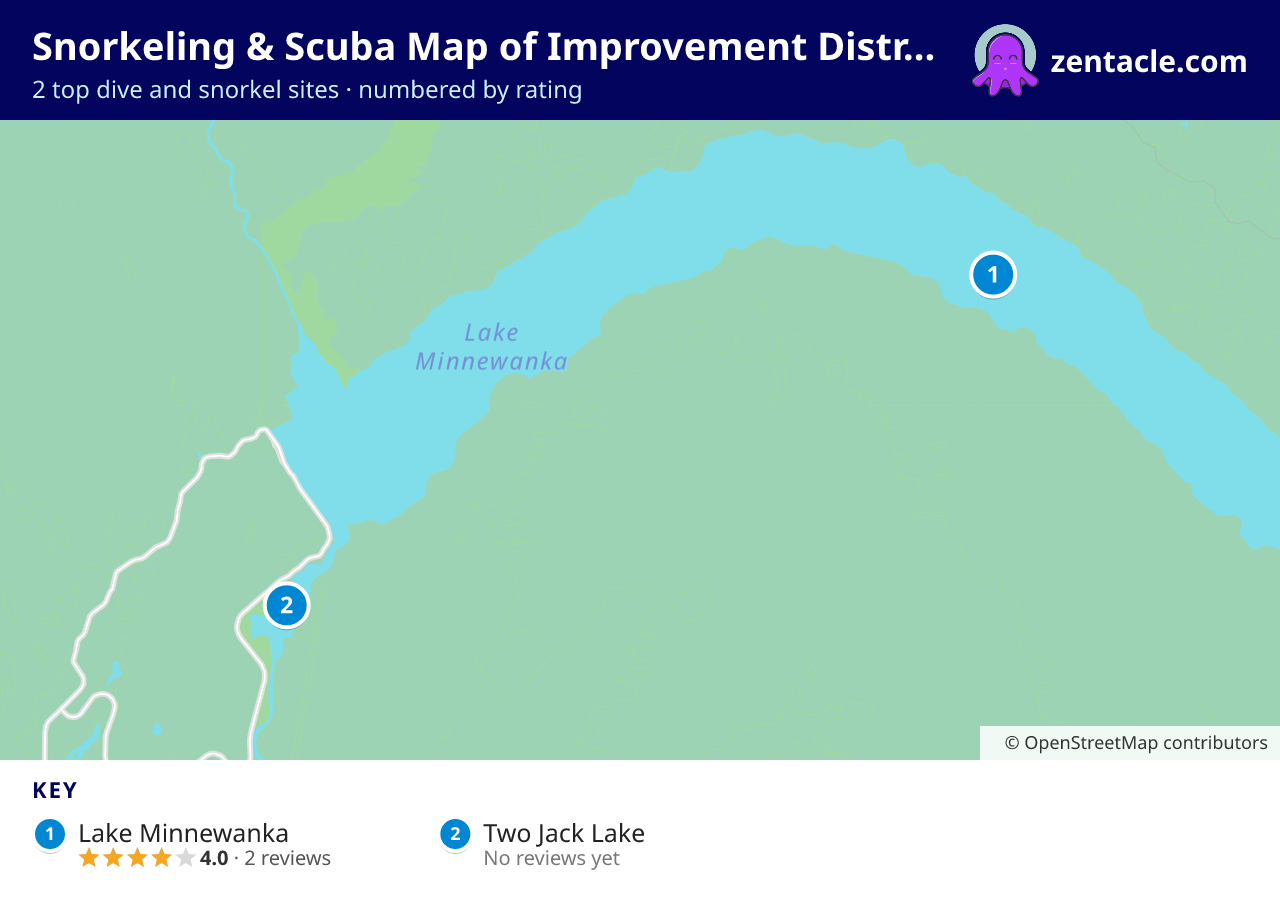 Snorkeling & Scuba Map of Improvement District No. 9: numbered map of the top 2 dive and snorkel sites, with ratings