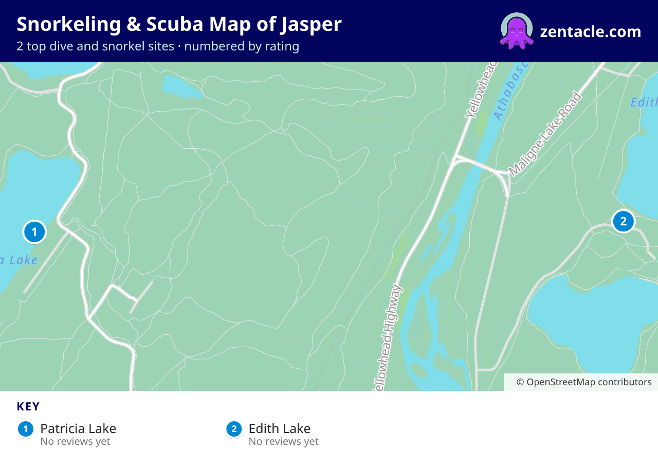 Snorkeling & Scuba Map of Jasper: numbered map of the top 2 dive and snorkel sites, with ratings