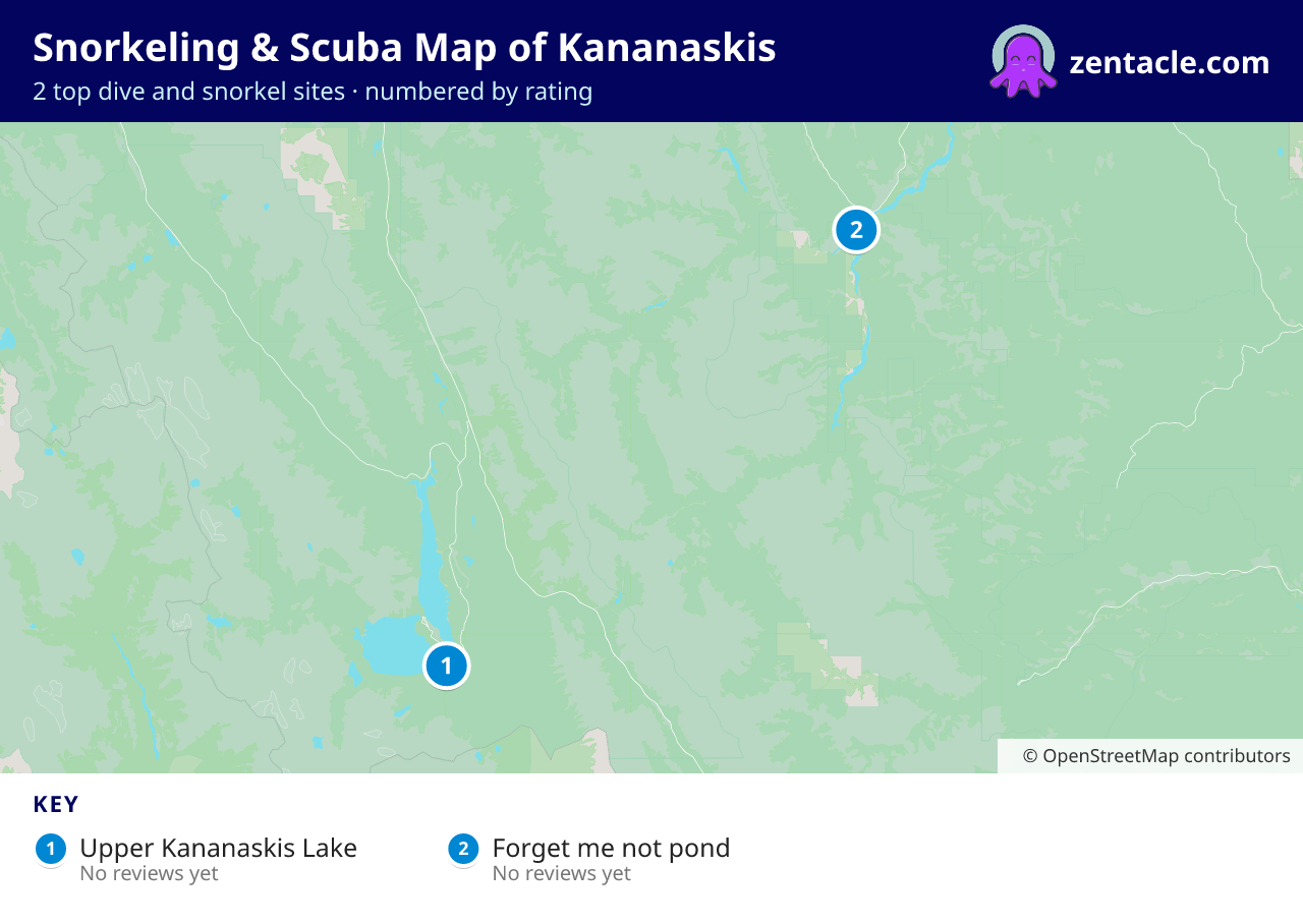 Snorkeling & Scuba Map of Kananaskis: numbered map of the top 2 dive and snorkel sites, with ratings