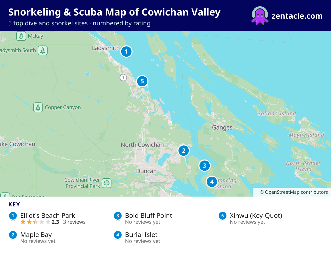 Snorkeling & Scuba Map of Cowichan Valley: numbered map of the top 5 dive and snorkel sites, with ratings
