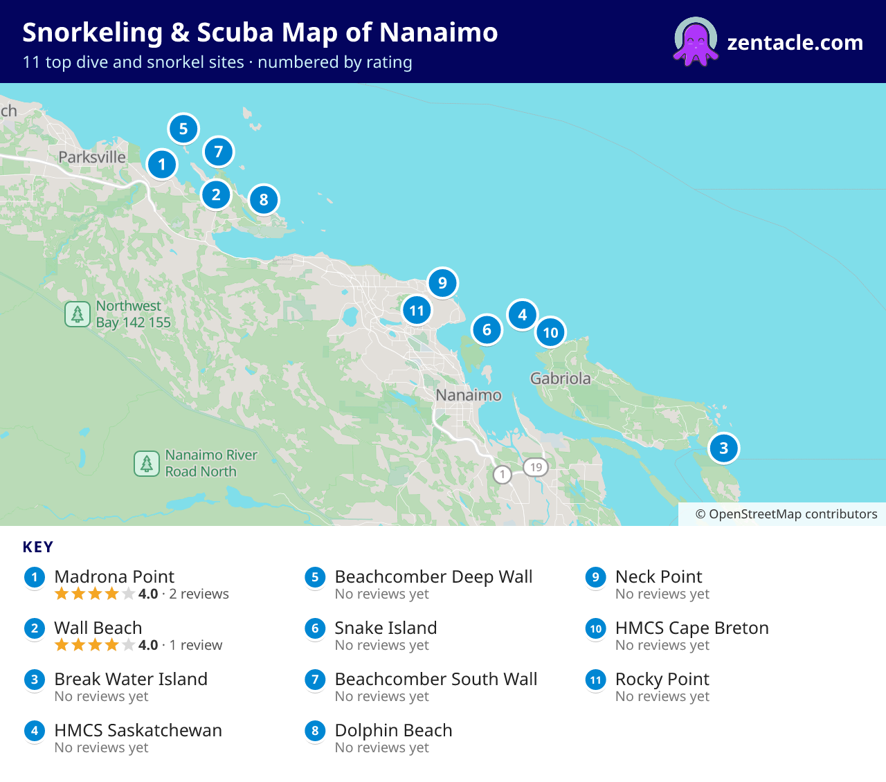 Snorkeling & Scuba Map of Nanaimo: numbered map of the top 11 dive and snorkel sites, with ratings