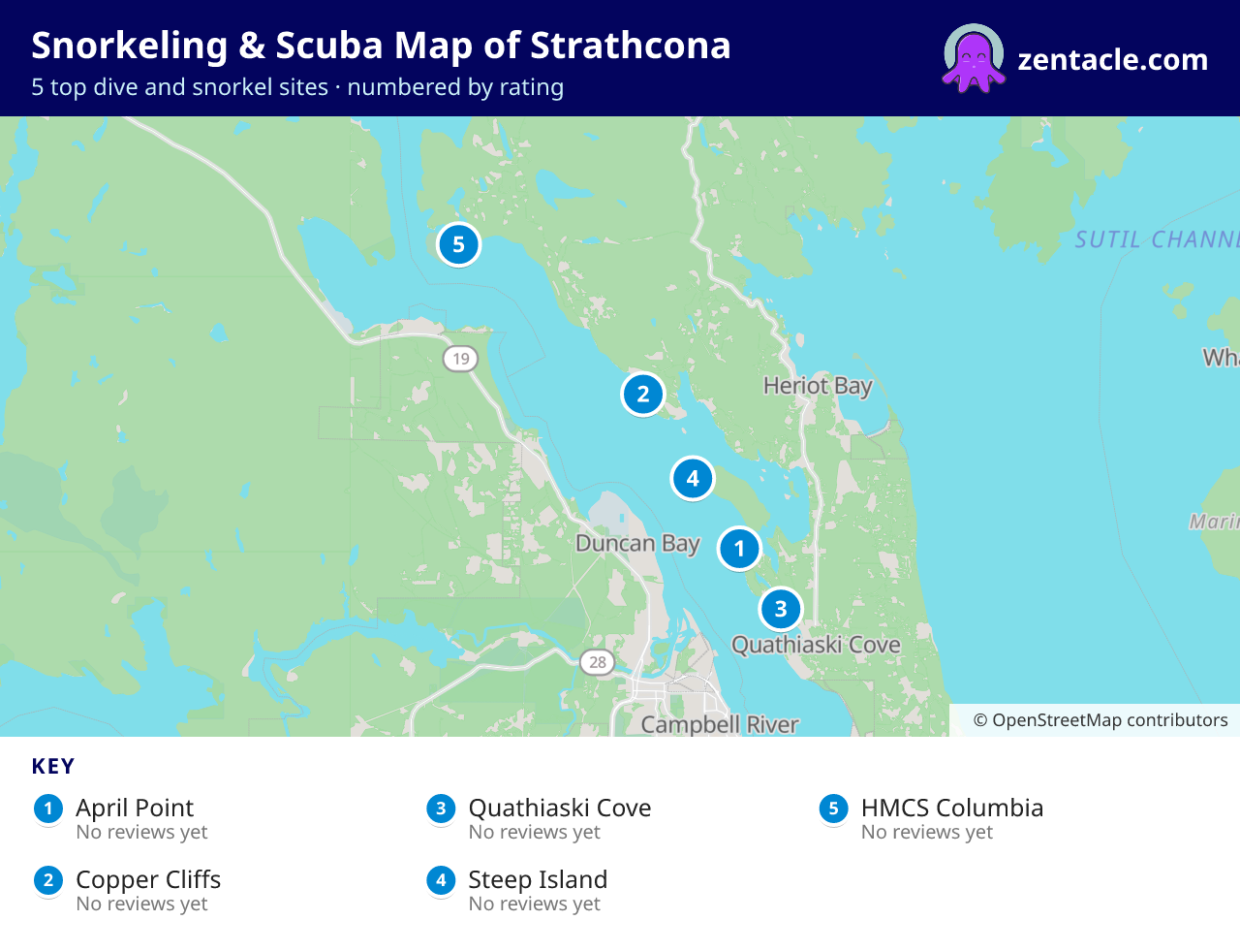 Snorkeling & Scuba Map of Strathcona: numbered map of the top 5 dive and snorkel sites, with ratings