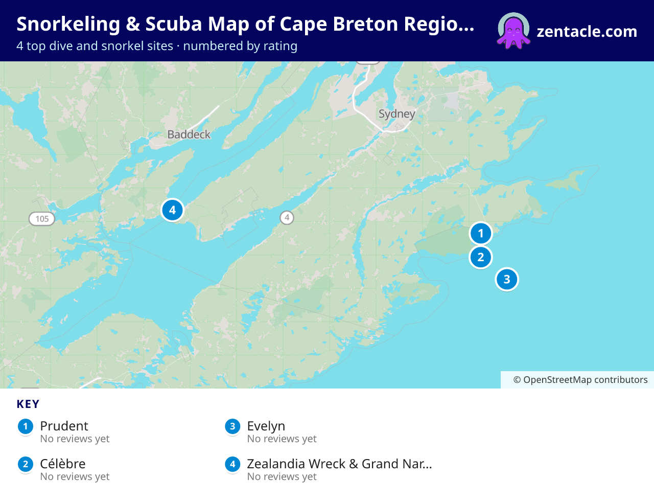 Snorkeling & Scuba Map of Cape Breton Regional Municipality: numbered map of the top 4 dive and snorkel sites, with ratings