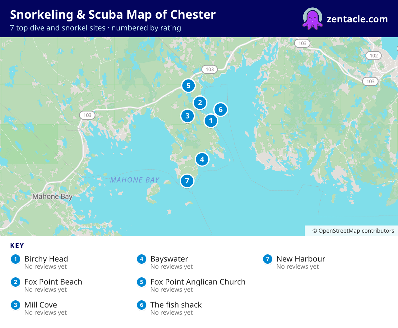 Snorkeling & Scuba Map of Chester: numbered map of the top 7 dive and snorkel sites, with ratings