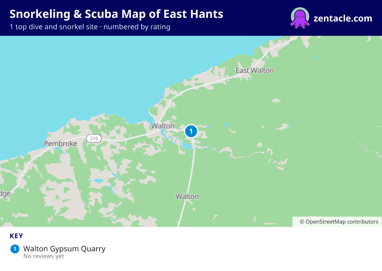 Snorkeling & Scuba Map of East Hants: numbered map of the top 1 dive and snorkel sites, with ratings