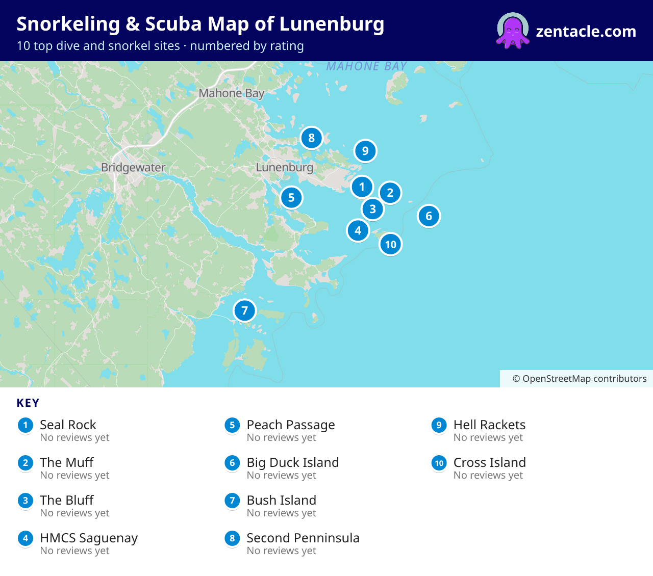 Snorkeling & Scuba Map of Lunenburg: numbered map of the top 10 dive and snorkel sites, with ratings