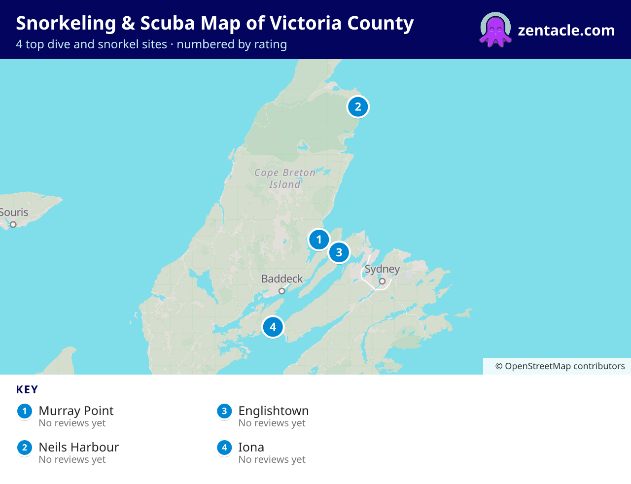 Snorkeling & Scuba Map of Victoria County: numbered map of the top 4 dive and snorkel sites, with ratings