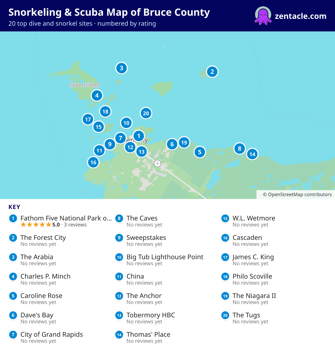 Snorkeling & Scuba Map of Bruce County: numbered map of the top 20 dive and snorkel sites, with ratings