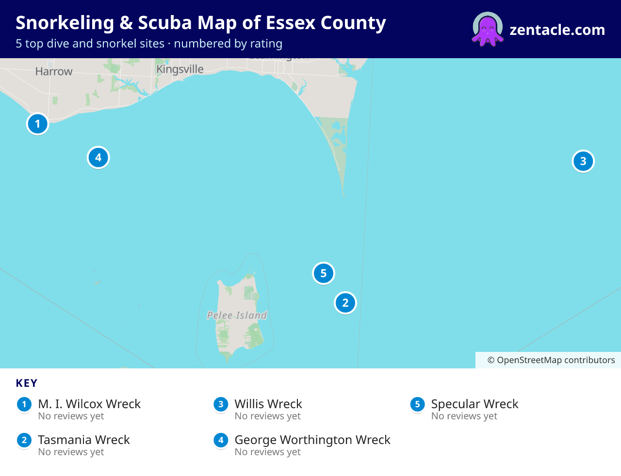 Snorkeling & Scuba Map of Essex County: numbered map of the top 5 dive and snorkel sites, with ratings