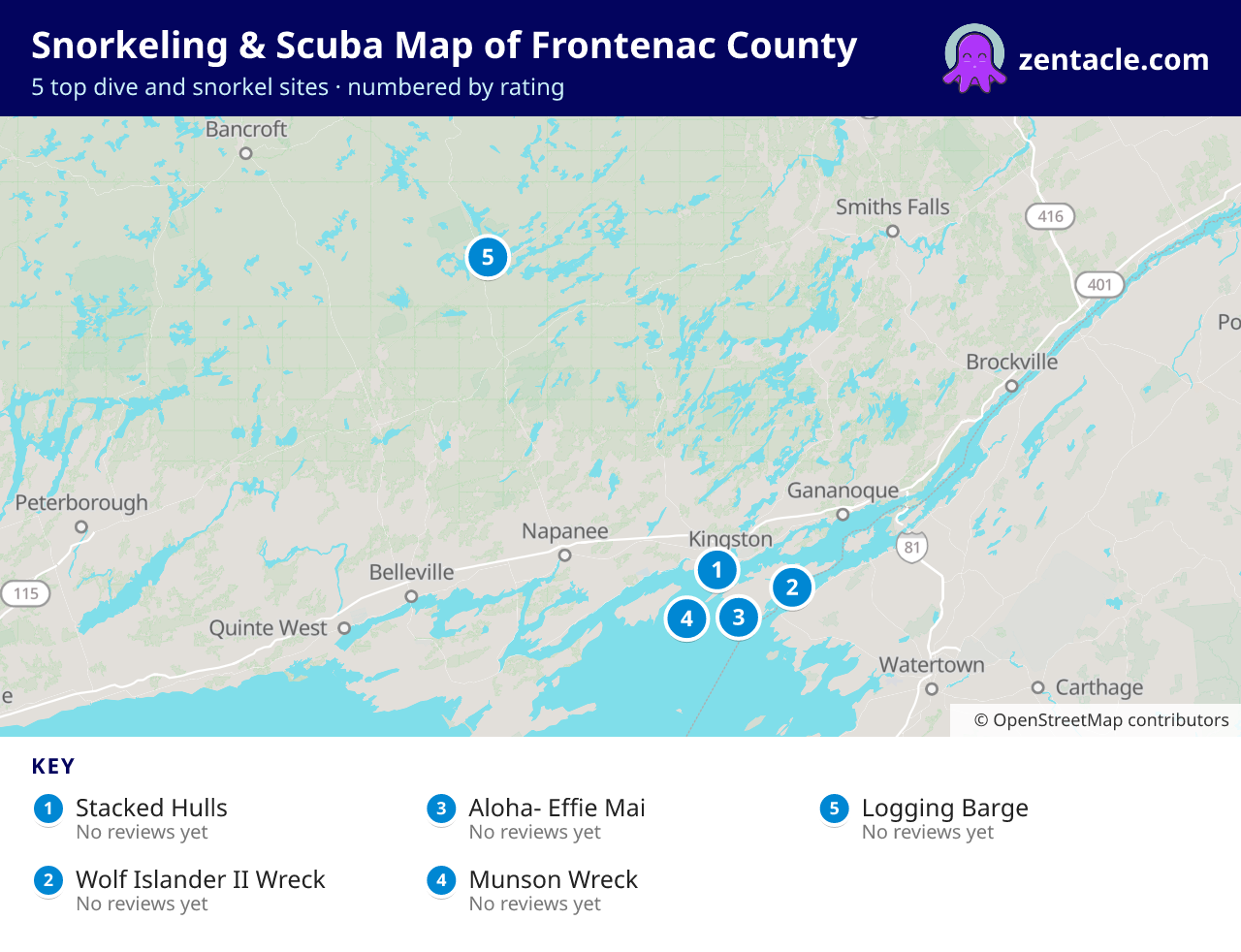 Snorkeling & Scuba Map of Frontenac County: numbered map of the top 5 dive and snorkel sites, with ratings