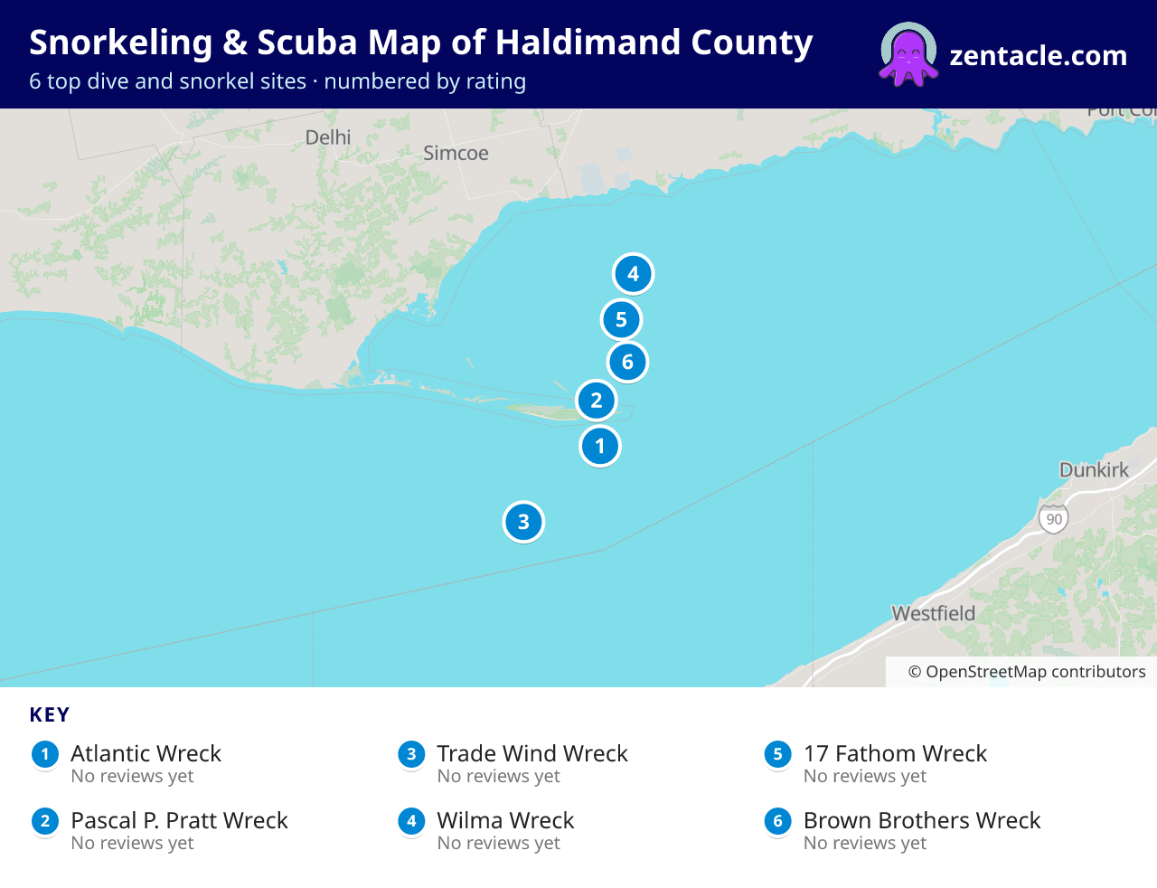 Snorkeling & Scuba Map of Haldimand County: numbered map of the top 6 dive and snorkel sites, with ratings