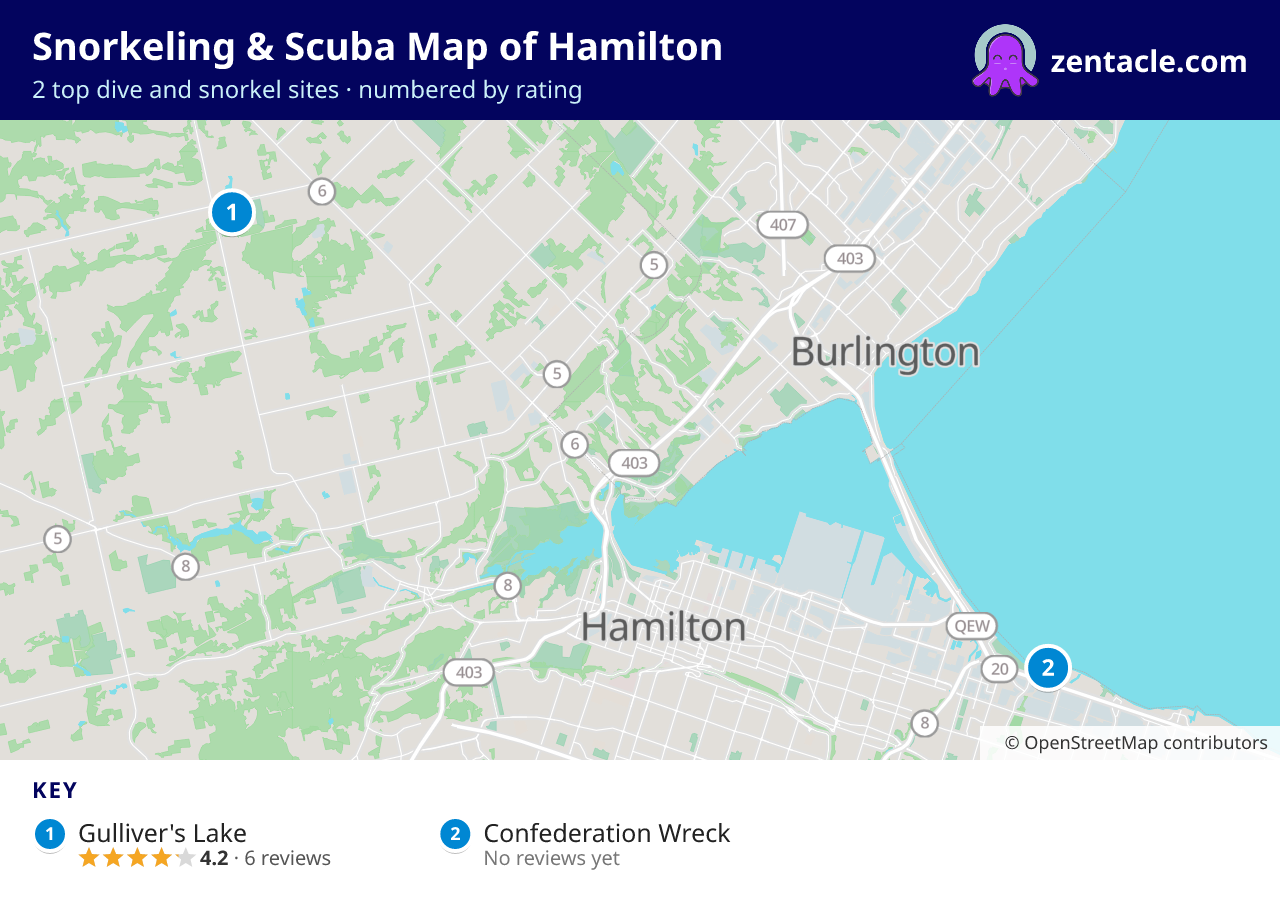 Snorkeling & Scuba Map of Hamilton: numbered map of the top 2 dive and snorkel sites, with ratings