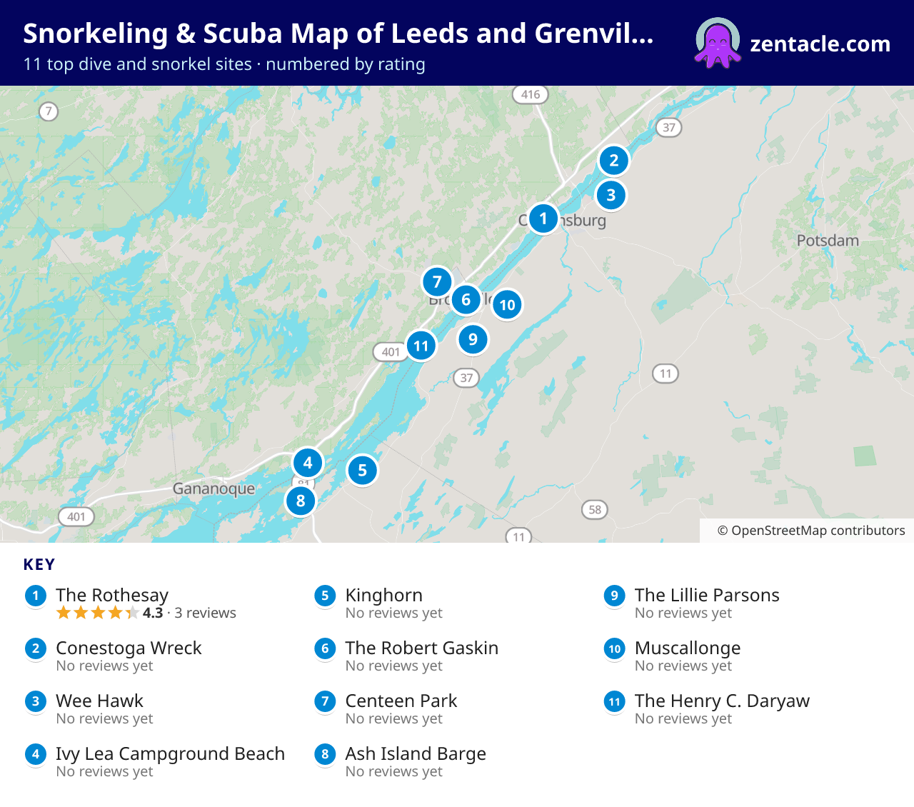 Snorkeling & Scuba Map of Leeds and Grenville United Counties: numbered map of the top 11 dive and snorkel sites, with ratings