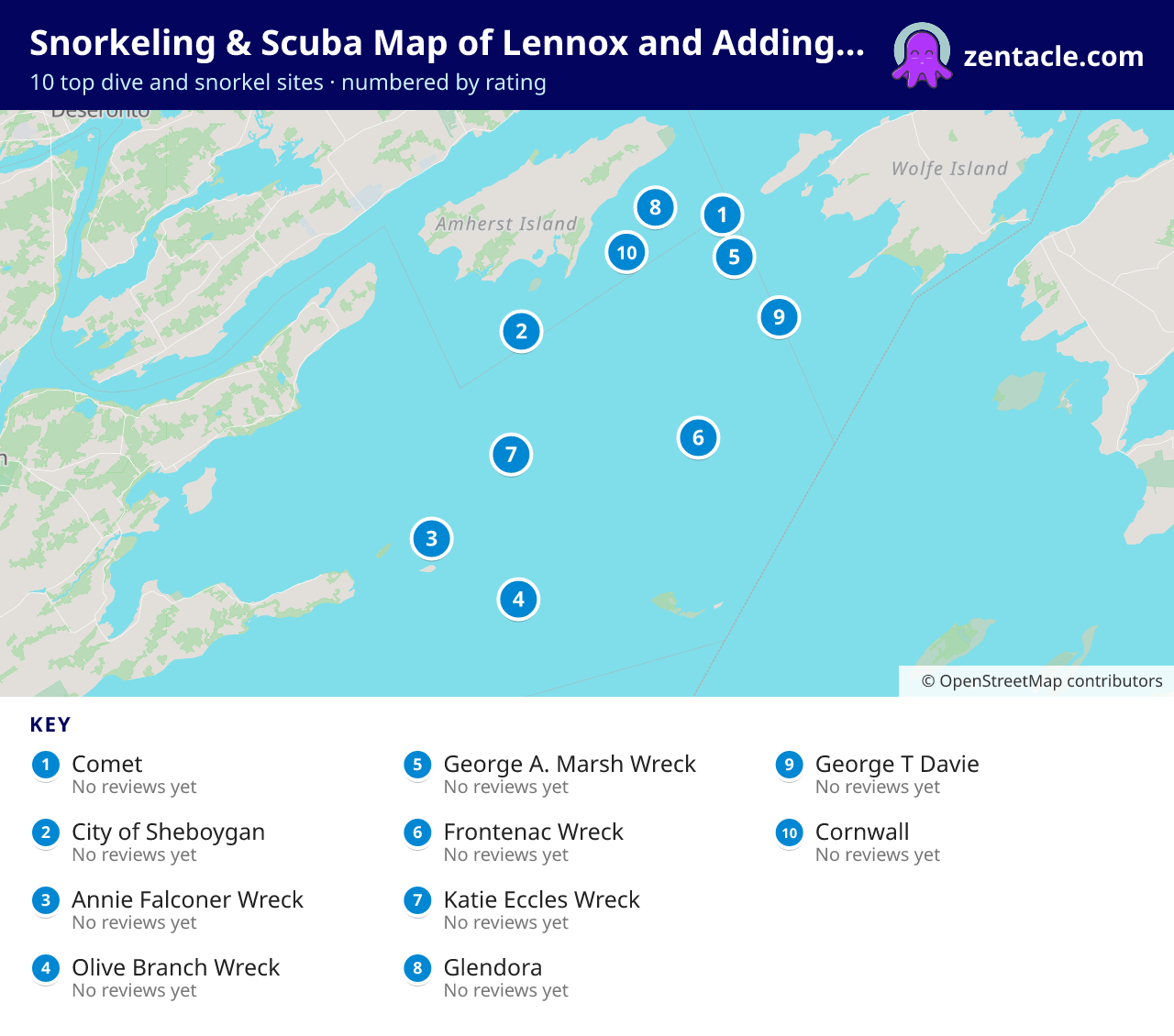 Snorkeling & Scuba Map of Lennox and Addington County: numbered map of the top 10 dive and snorkel sites, with ratings