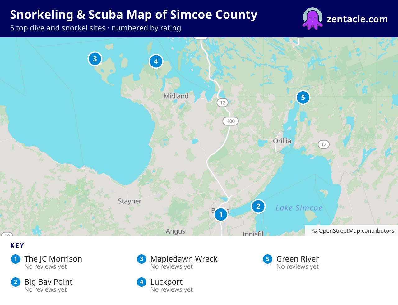 Snorkeling & Scuba Map of Simcoe County: numbered map of the top 5 dive and snorkel sites, with ratings