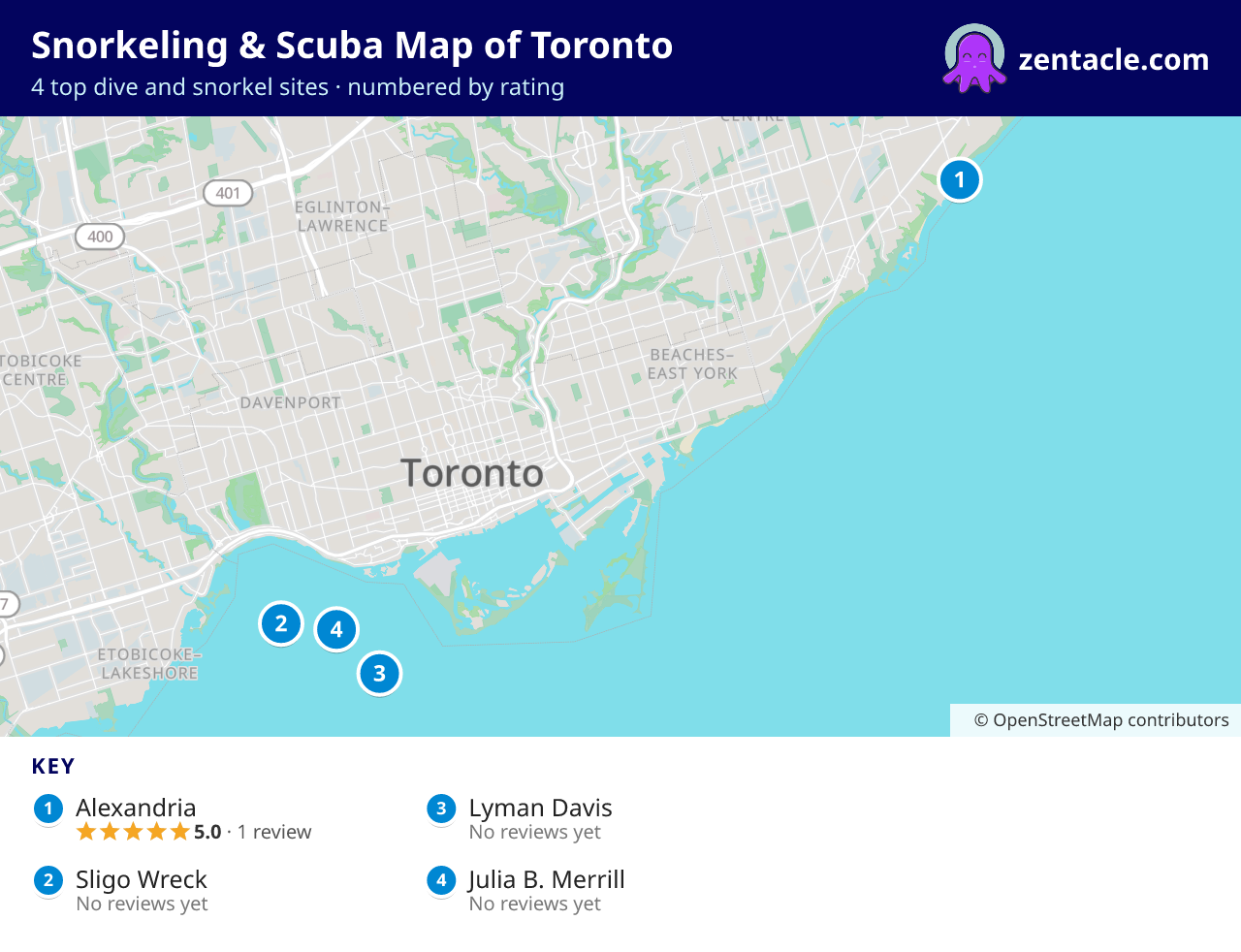Snorkeling & Scuba Map of Toronto: numbered map of the top 4 dive and snorkel sites, with ratings