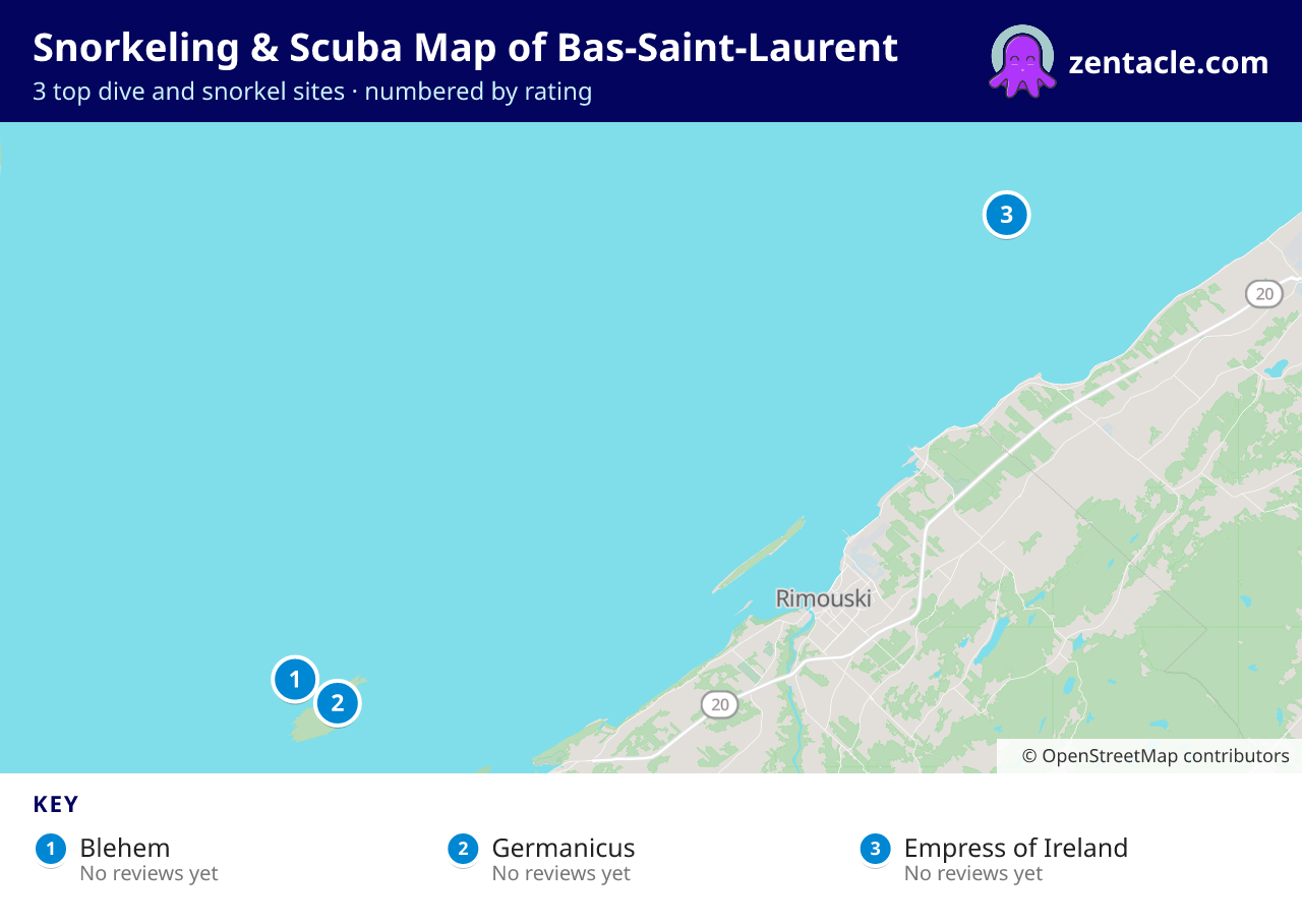 Snorkeling & Scuba Map of Bas-Saint-Laurent: numbered map of the top 3 dive and snorkel sites, with ratings