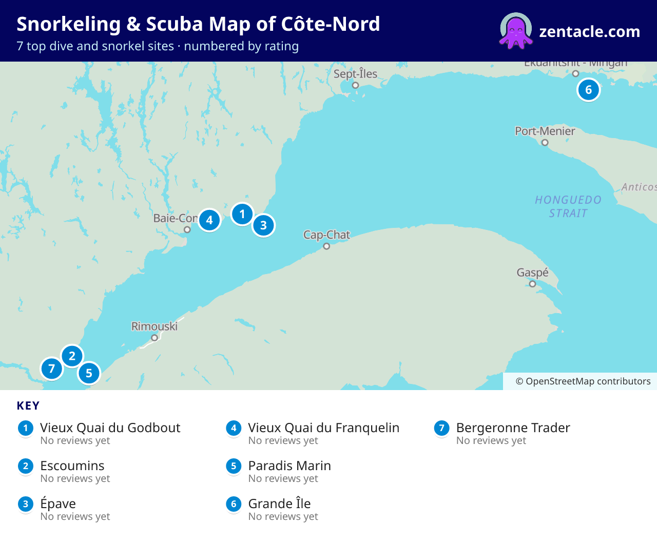 Snorkeling & Scuba Map of Côte-Nord: numbered map of the top 7 dive and snorkel sites, with ratings