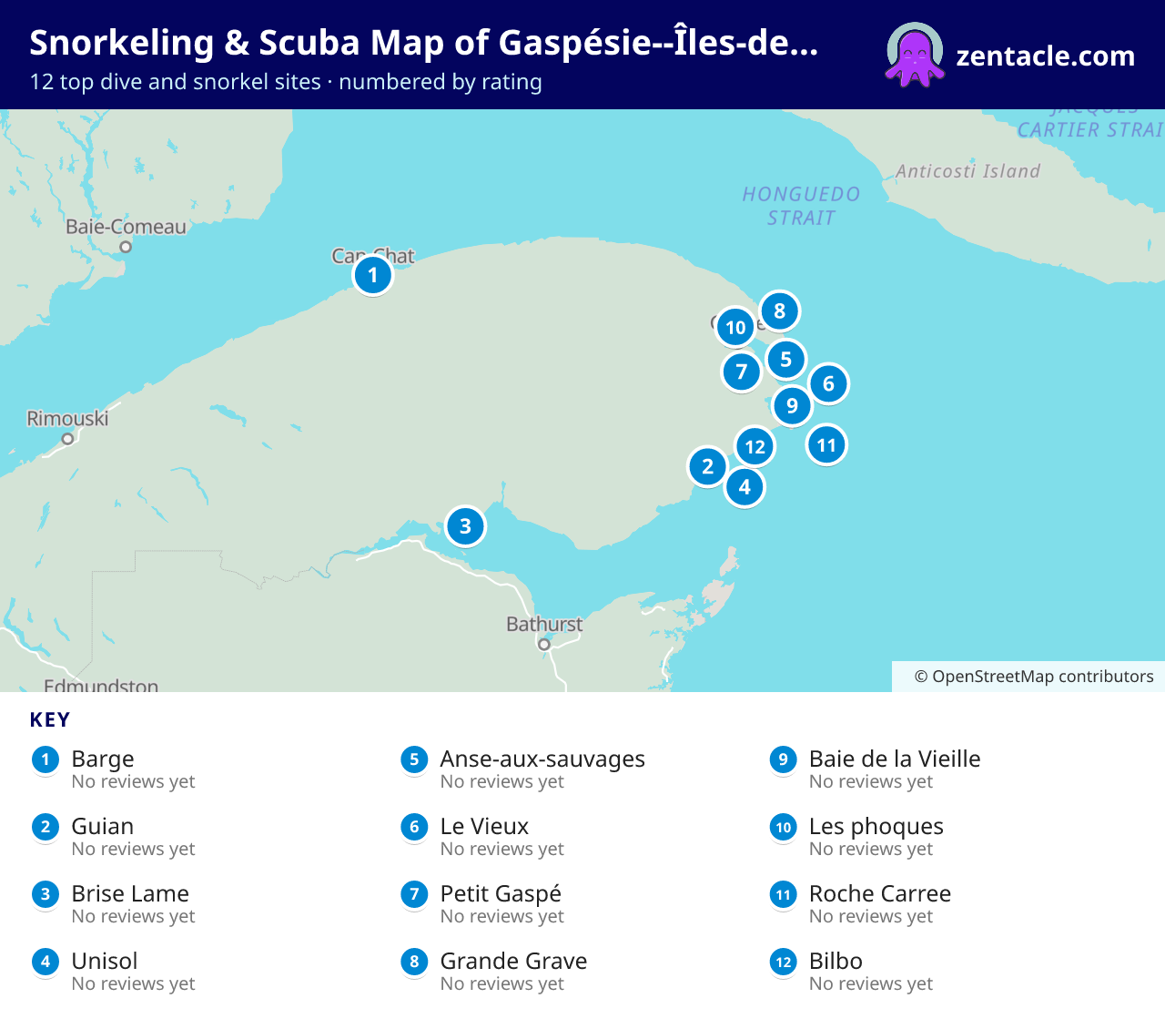 Snorkeling & Scuba Map of Gaspésie--Îles-de-la-Madeleine: numbered map of the top 12 dive and snorkel sites, with ratings