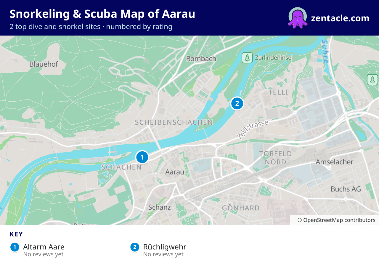 Snorkeling & Scuba Map of Aarau: numbered map of the top 2 dive and snorkel sites, with ratings