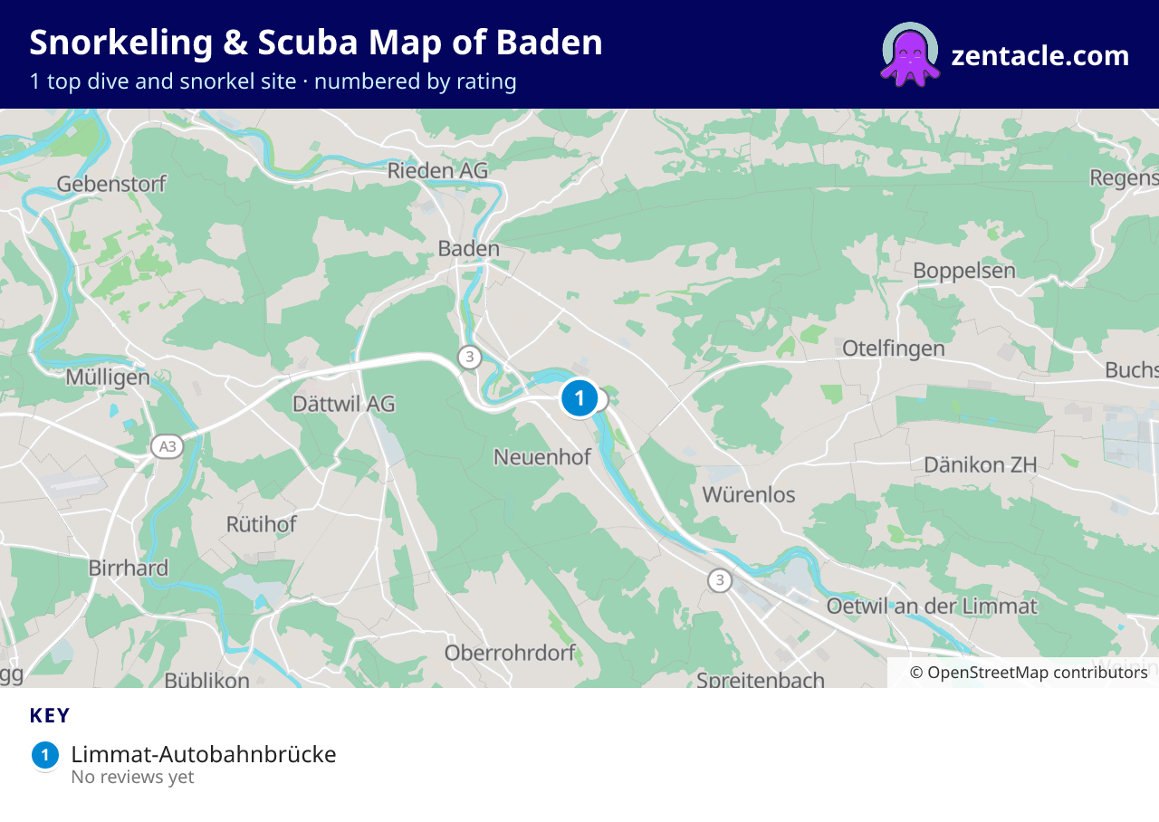 Snorkeling & Scuba Map of Baden: numbered map of the top 1 dive and snorkel sites, with ratings