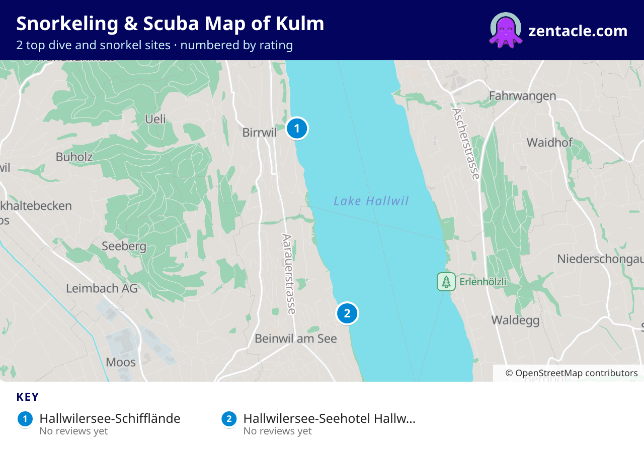 Snorkeling & Scuba Map of Kulm: numbered map of the top 2 dive and snorkel sites, with ratings