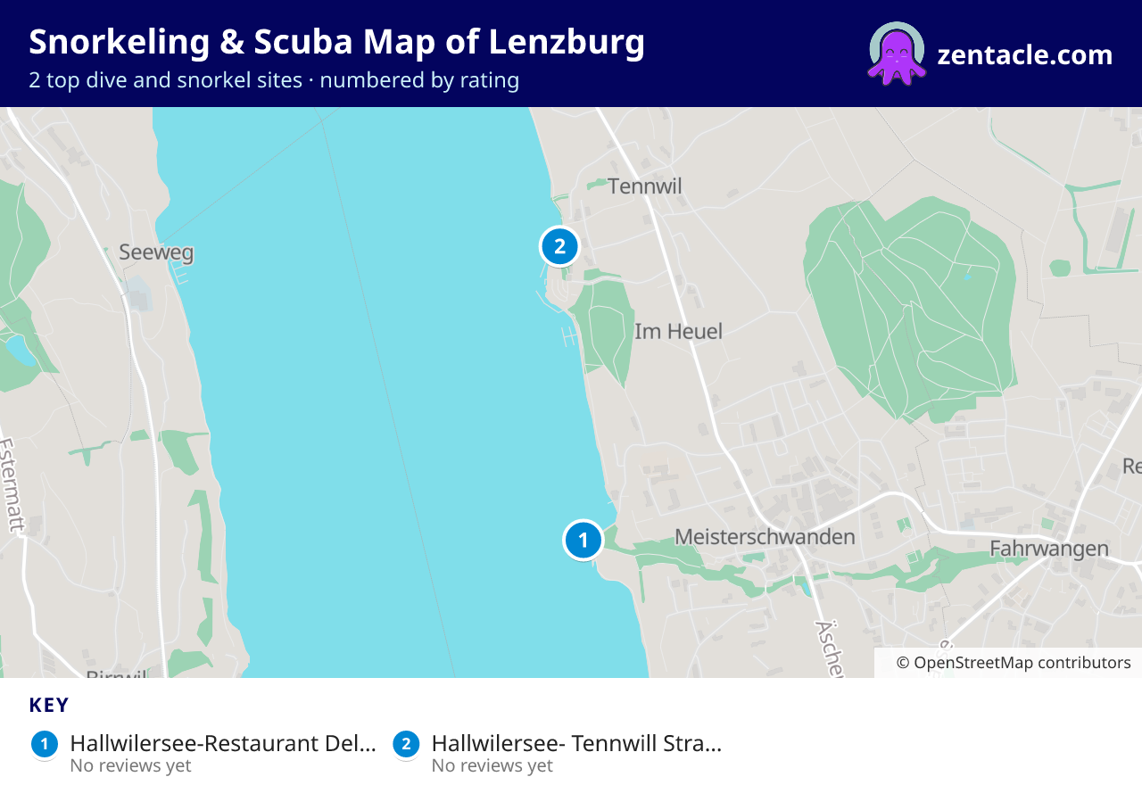 Snorkeling & Scuba Map of Lenzburg: numbered map of the top 2 dive and snorkel sites, with ratings