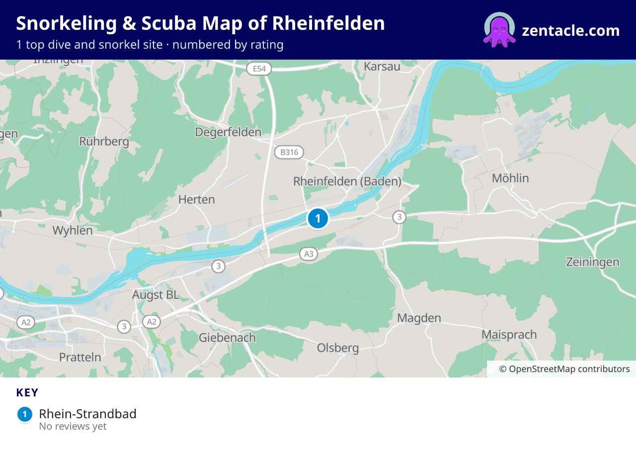 Snorkeling & Scuba Map of Rheinfelden: numbered map of the top 1 dive and snorkel sites, with ratings