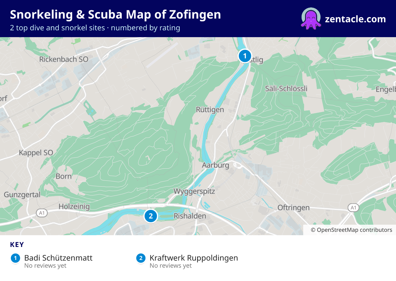 Snorkeling & Scuba Map of Zofingen: numbered map of the top 2 dive and snorkel sites, with ratings
