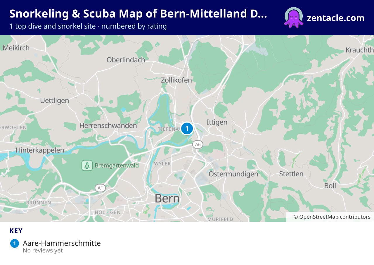 Snorkeling & Scuba Map of Bern-Mittelland District: numbered map of the top 1 dive and snorkel sites, with ratings