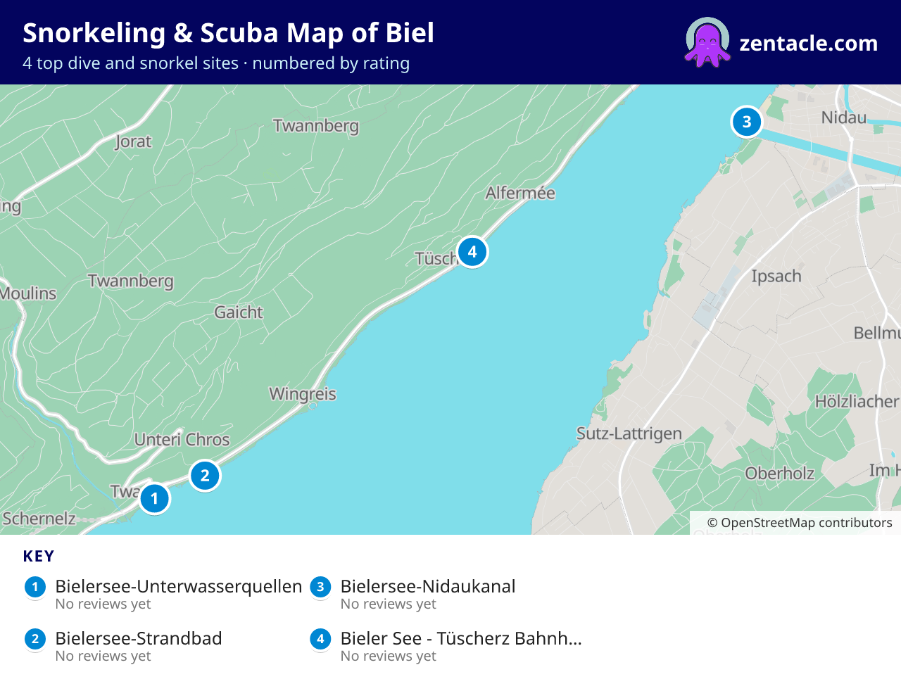 Snorkeling & Scuba Map of Biel: numbered map of the top 4 dive and snorkel sites, with ratings