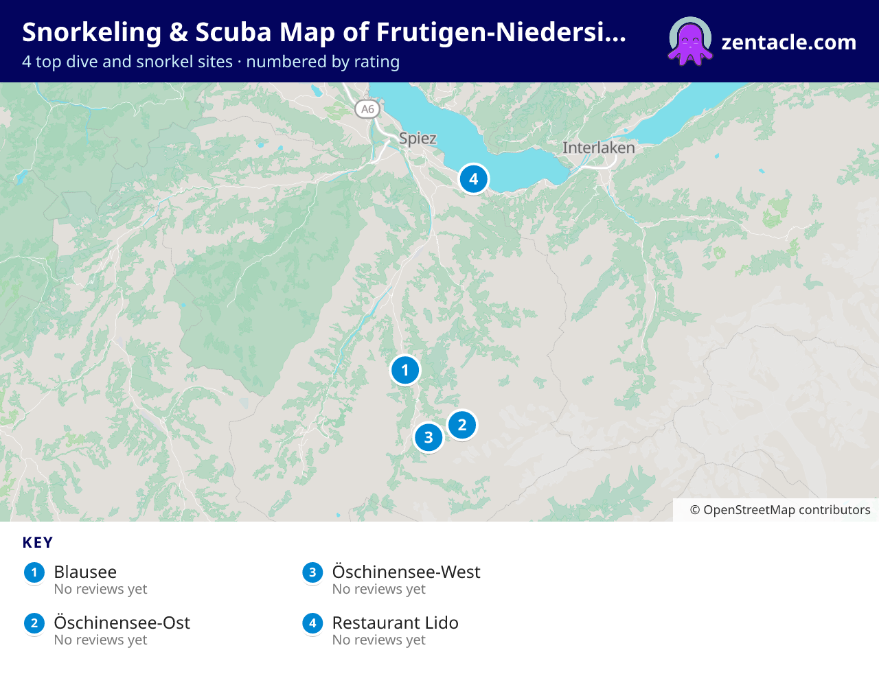 Snorkeling & Scuba Map of Frutigen-Niedersimmental: numbered map of the top 4 dive and snorkel sites, with ratings