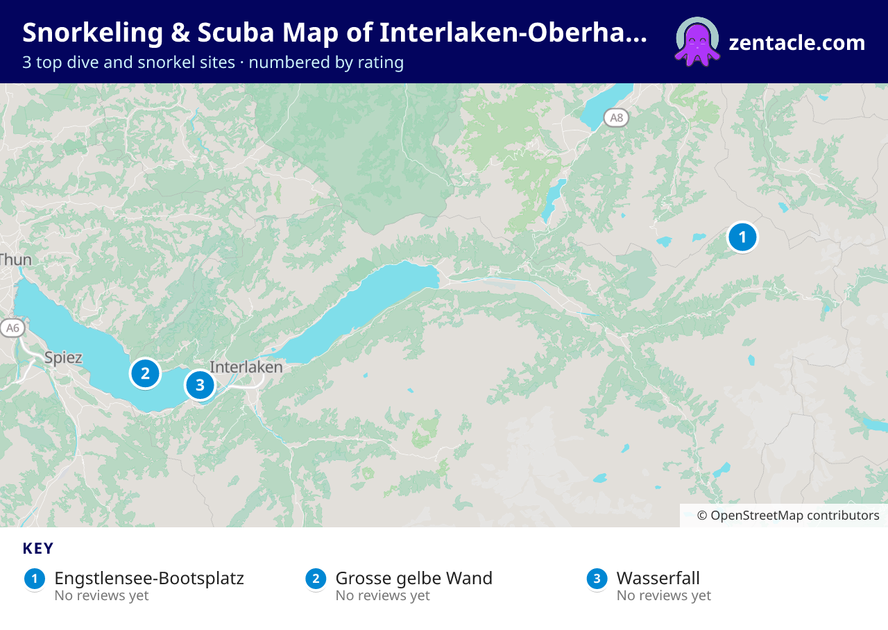 Snorkeling & Scuba Map of Interlaken-Oberhasli District: numbered map of the top 3 dive and snorkel sites, with ratings