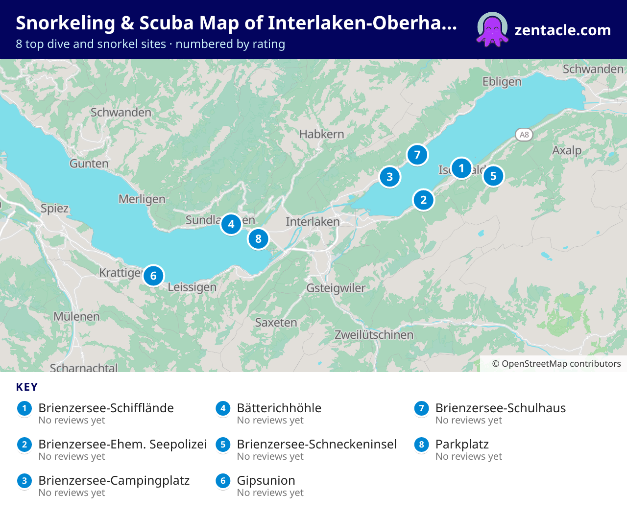 Snorkeling & Scuba Map of Interlaken-Oberhasli: numbered map of the top 8 dive and snorkel sites, with ratings