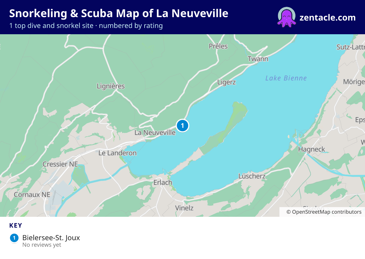 Snorkeling & Scuba Map of La Neuveville: numbered map of the top 1 dive and snorkel sites, with ratings