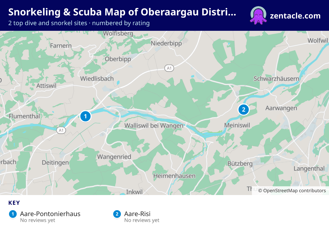 Snorkeling & Scuba Map of Oberaargau District: numbered map of the top 2 dive and snorkel sites, with ratings