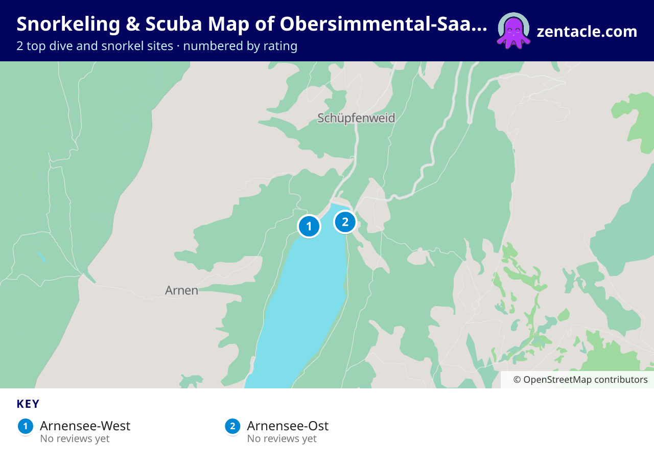 Snorkeling & Scuba Map of Obersimmental-Saanen District: numbered map of the top 2 dive and snorkel sites, with ratings