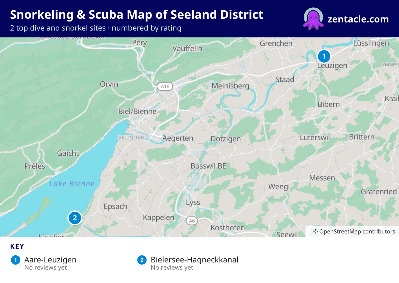 Snorkeling & Scuba Map of Seeland District: numbered map of the top 2 dive and snorkel sites, with ratings