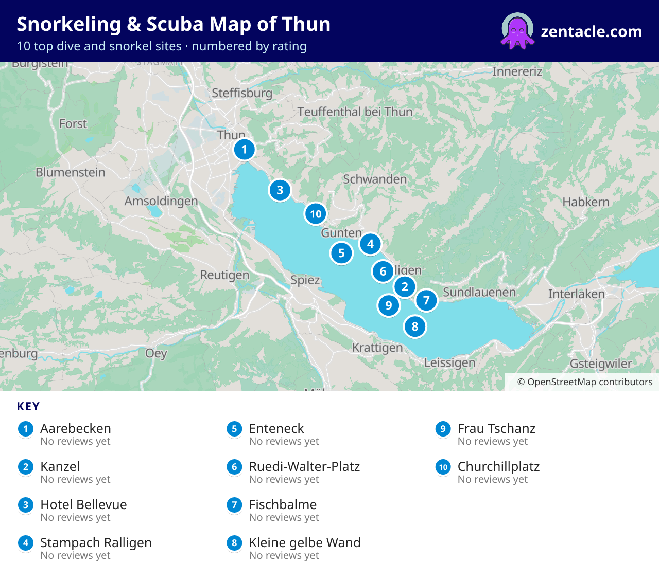 Snorkeling & Scuba Map of Thun: numbered map of the top 10 dive and snorkel sites, with ratings