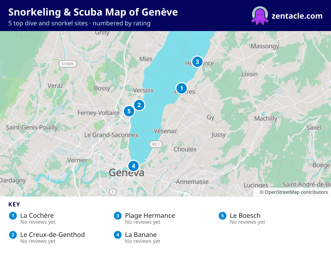 Snorkeling & Scuba Map of Genève: numbered map of the top 5 dive and snorkel sites, with ratings