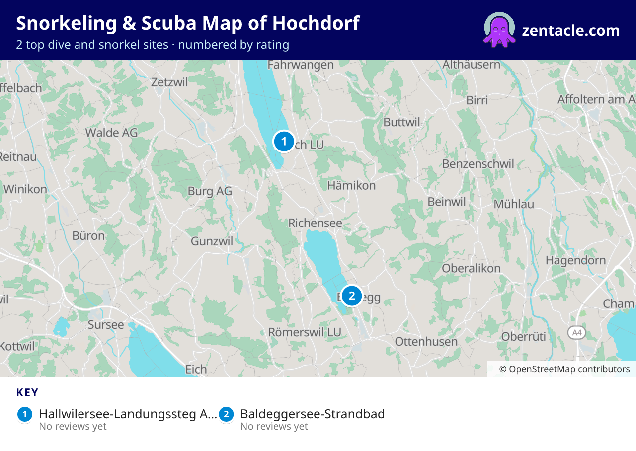 Snorkeling & Scuba Map of Hochdorf: numbered map of the top 2 dive and snorkel sites, with ratings