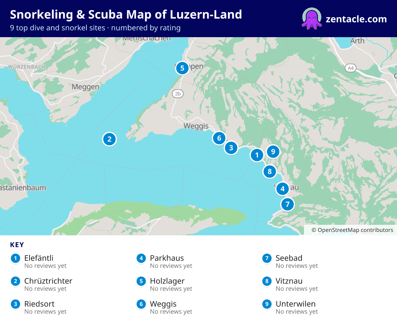 Snorkeling & Scuba Map of Luzern-Land: numbered map of the top 9 dive and snorkel sites, with ratings