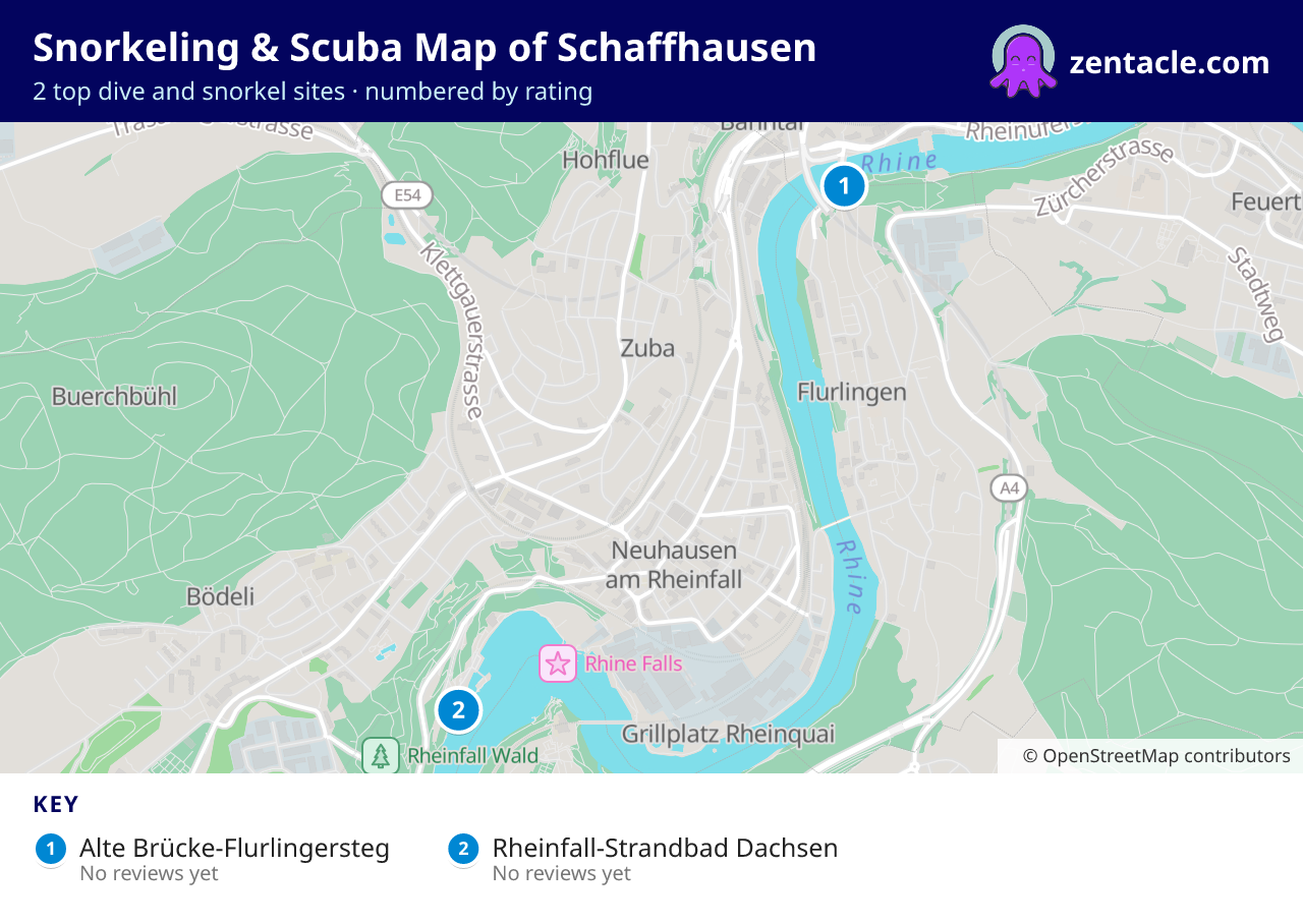 Snorkeling & Scuba Map of Schaffhausen: numbered map of the top 2 dive and snorkel sites, with ratings