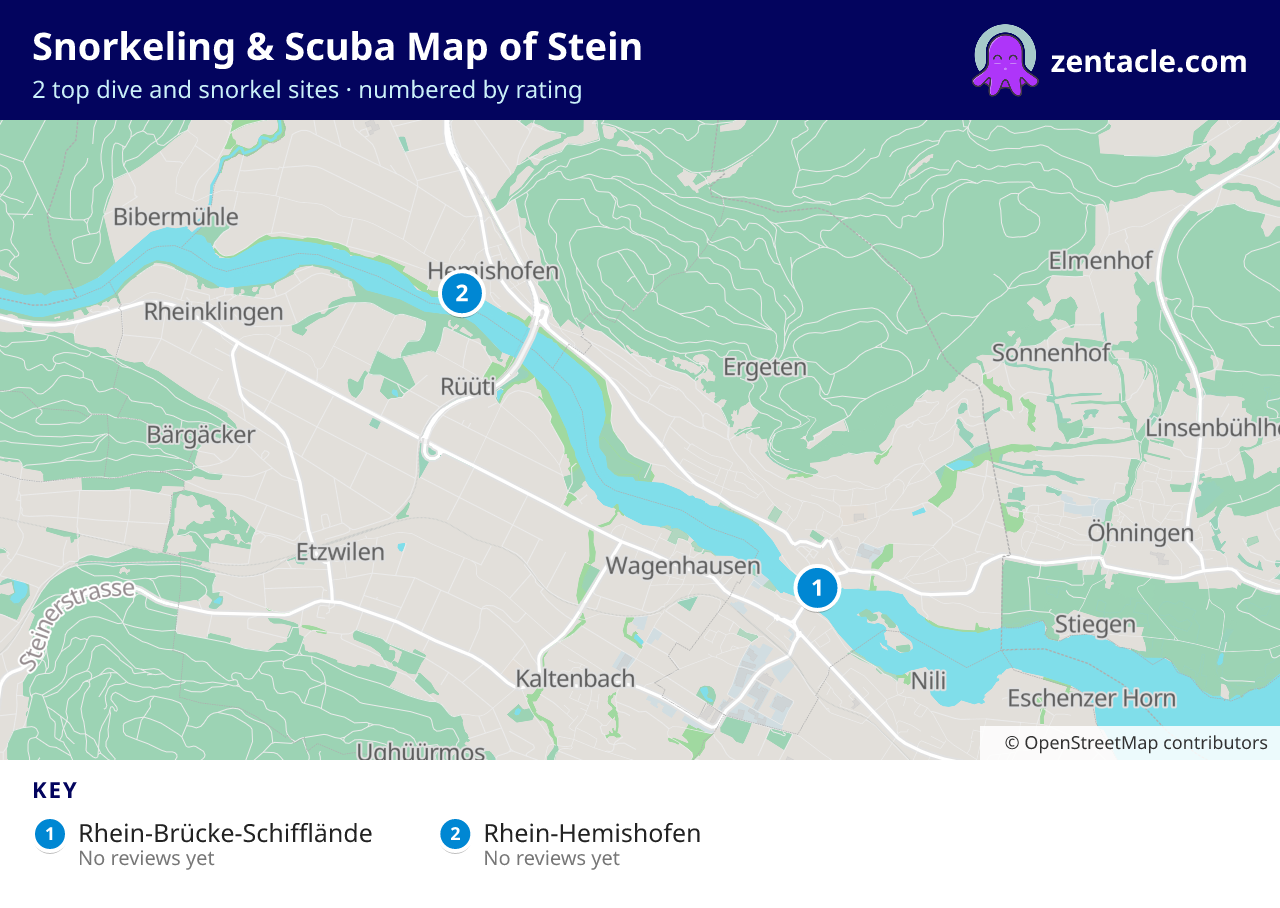 Snorkeling & Scuba Map of Stein: numbered map of the top 2 dive and snorkel sites, with ratings