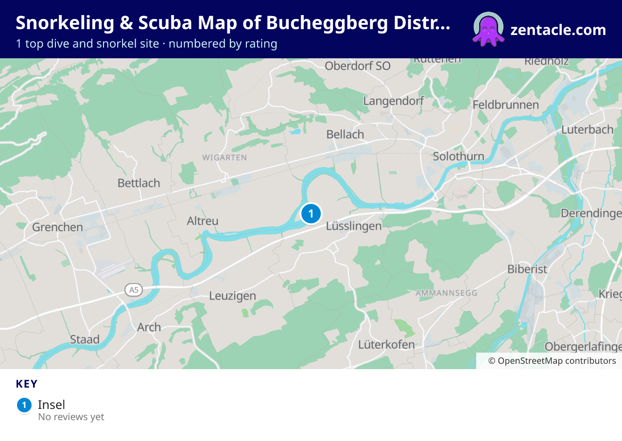 Snorkeling & Scuba Map of Bucheggberg District: numbered map of the top 1 dive and snorkel sites, with ratings
