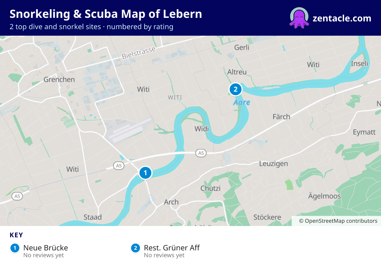 Snorkeling & Scuba Map of Lebern: numbered map of the top 2 dive and snorkel sites, with ratings