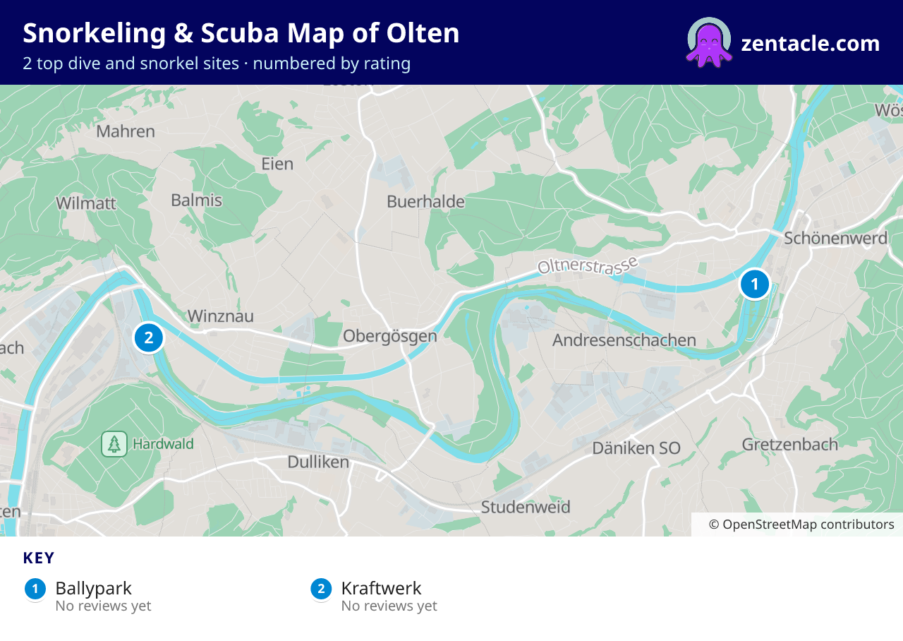 Snorkeling & Scuba Map of Olten: numbered map of the top 2 dive and snorkel sites, with ratings