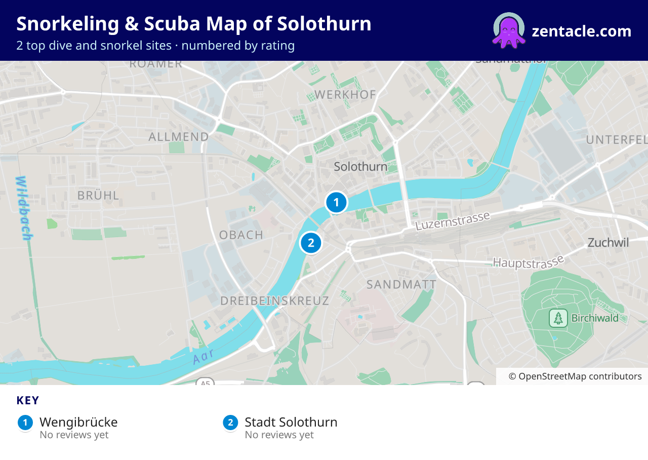 Snorkeling & Scuba Map of Solothurn: numbered map of the top 2 dive and snorkel sites, with ratings