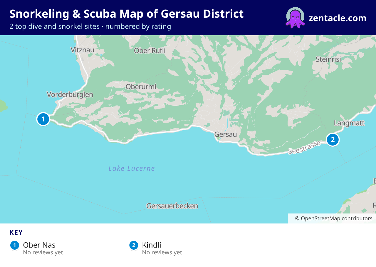 Snorkeling & Scuba Map of Gersau District: numbered map of the top 2 dive and snorkel sites, with ratings